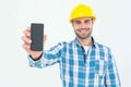 Happy construction worker showing smart phone