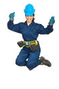 Happy constructor worker woman jumping