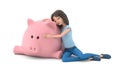 A happy contented woman hugs a piggy bank on a white background. 3D Render