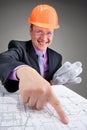 Happy contractor pointing to plans Royalty Free Stock Photo