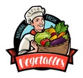 Happy cook is holding a wicker basket with vegetables. Cartoon vector illustration Royalty Free Stock Photo