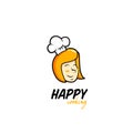 Happy cooking kitchen logo with blonde yellow hair sweet female woman chef head icon illustration with chef hat