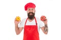 Happy cooking. Tomatoes in the cook hand. Friendly chef isolated on white. eating a healthy. Healthy and vegan food