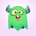 Happy cool cartoon fat flying monster with big eyes. Green and horned vector monster character.