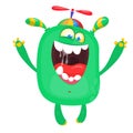 Happy cool cartoon fat flying monster. Horned vector monster character waving hands. Royalty Free Stock Photo