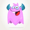 Happy cool cartoon fat flying monster. Purple and horned vector monster character. Royalty Free Stock Photo