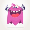 Happy cool cartoon fat flying monster. Purple and horned vector monster character. Royalty Free Stock Photo