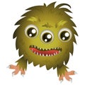 Happy cool cartoon fat monster. Green and shaggy, three-eyed monster in vector on a white background Royalty Free Stock Photo