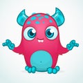 Happy cool cartoon fat monster. Pink and horned vector monster character.