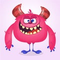 Happy cool cartoon fat monster. Pink and horned vector monster mascot.