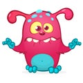 Happy cool cartoon fat monster. Pink and horned vector monster mascot outlined. Royalty Free Stock Photo