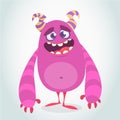 Happy cool cartoon fat monster. Purple and horned vector monster character. Royalty Free Stock Photo