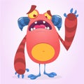 Happy cool cartoon fat monster. Red and horned vector monster character waving. Royalty Free Stock Photo