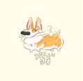 Happy Corgi Dog Play Bone Vector Poster. Funny Little Puppy Animal Dream Big Concept Typography Print Poster Design. Can Royalty Free Stock Photo