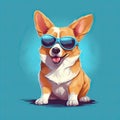 Happy corgi smiling with a cute little face and tongue hanging out and short legs wearing sunglasses.