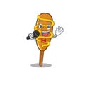 Happy corn dog singing on a microphone