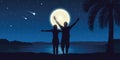 Happy couple with arms raised enjoy the full moon and falling stars on the beach Royalty Free Stock Photo