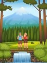 Happy couple on the background of the forest and mountains. Hiking. Characters man and woman