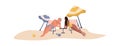 Happy couple at beach. Cartoon people sunbathing. Man and woman lying on sun lounger, tourists resting under umbrella Royalty Free Stock Photo