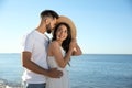 Happy couple at beach. Honeymoon trip Royalty Free Stock Photo