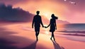 A happy couple on a beach at sunset. Happy Valentine& x27;s Day Royalty Free Stock Photo