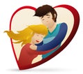 Happy couple giving a lovely hug inside a heart, Vector illustration