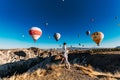 Happy couple in Cappadocia. The man proposed to the girl. Honeymoon in Cappadocia. Couple at the balloon festival. Honeymoon trip