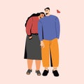 Happy couple. Cartoon doodle characters people in love, pair of man woman hugging together. Modern vector illustration