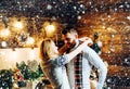 Happy couple celebrate christmas and new year. Happy new year party. Christmas is coming. Having some Xmas fun. Royalty Free Stock Photo