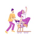 Happy Couple Characters Fool in Supermarket Riding Trolley. Happy Man Pushing Shopping Cart with his Girlfriend