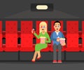 Happy Couple at Cinema in 3D Glasses Sitting on Red Seats with Popcorn and Soda Vector Illustration Royalty Free Stock Photo