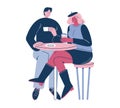 Happy couple colleagues, friends sitting at table in cafe, enjoying coffee drink, flat vector illustration. Coffee break Royalty Free Stock Photo
