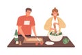 Happy couple cooking vegetable salad together vector flat illustration. Woman applying pepper to dish during man cutting Royalty Free Stock Photo