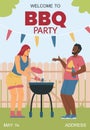 Happy couple cooks on grill or barbecue, BBQ party invitation poster - flat vector illustration. Royalty Free Stock Photo