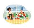 Happy couple cooks in the kitchen together, flat vector illustration isolated on white background.
