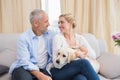 Happy couple cuddling with puppy on sofa Royalty Free Stock Photo