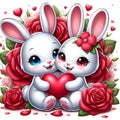 A happy couple of cute rabbit with love scene, hugging a heart, surrounded by red rose flower, rose petals, love sign, cartoon Royalty Free Stock Photo