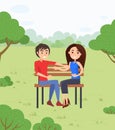 Happy Couple on Date in Park Sitting on Bench