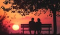 happy couple dating and sitting at bench in park, man and woman in love and watching sunset at nature, in silhouette