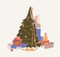 Happy couple decorating Christmas tree vector flat illustration. Woman putting on star to the top of spruce. Man wrapped