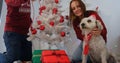 Happy couple with dog sitting near Christmas tree Royalty Free Stock Photo