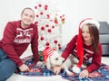 Happy couple with dog, all in Christmas clothes sitting near Christmas tree Royalty Free Stock Photo