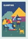 Happy couple with dog relaxing at glamping, big tent with amenities - poster template flat vector illustration. Royalty Free Stock Photo