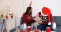 Happy couple with dog sitting on the sofa near Christmas tree Royalty Free Stock Photo