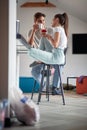 A happy couple drinking coffee and chatting at home. Love, together, breakfast, home Royalty Free Stock Photo