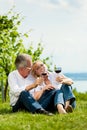 Happy couple drinking wine at lake in summer