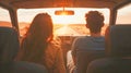 Happy Couple Driving off into the Sunset in a Warm-Colored Car