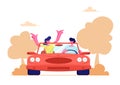 Happy Couple Driving Red Cabriolet Car on Nature Landscape Background. Young Man and Woman Traveling on Convertible Machine Royalty Free Stock Photo