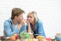 Happy couple eating coffee break and dessert Royalty Free Stock Photo