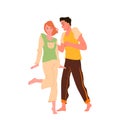 Happy couple enjoy dancing movement, funny female and male characters in home clothes Royalty Free Stock Photo